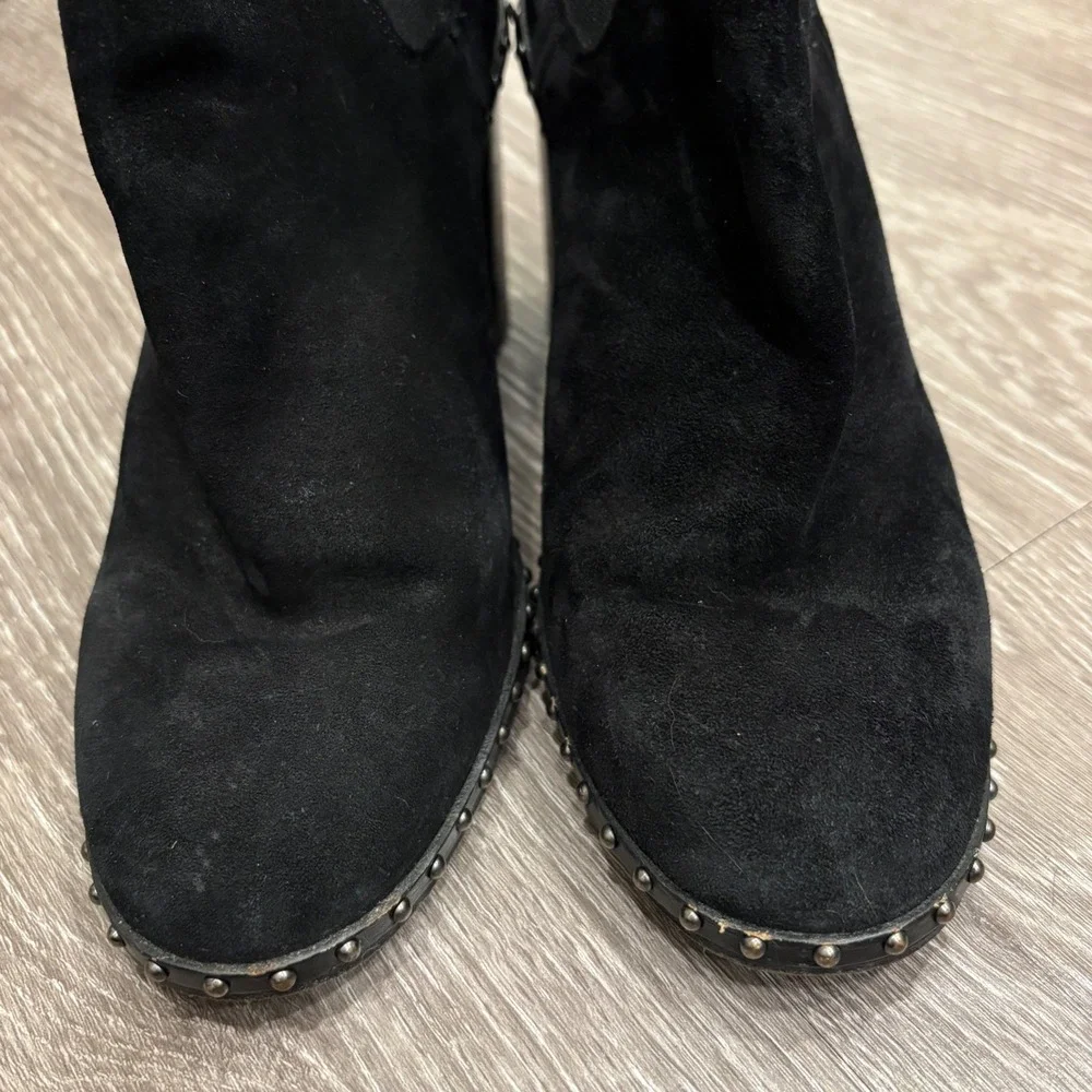 Rag & Bone Romi Black Suede Studded Belted Block Heel Ankle Boots 6.5 Moto Biker